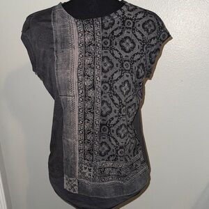 All Saints Black Tee with Gray Bandana-Style Print